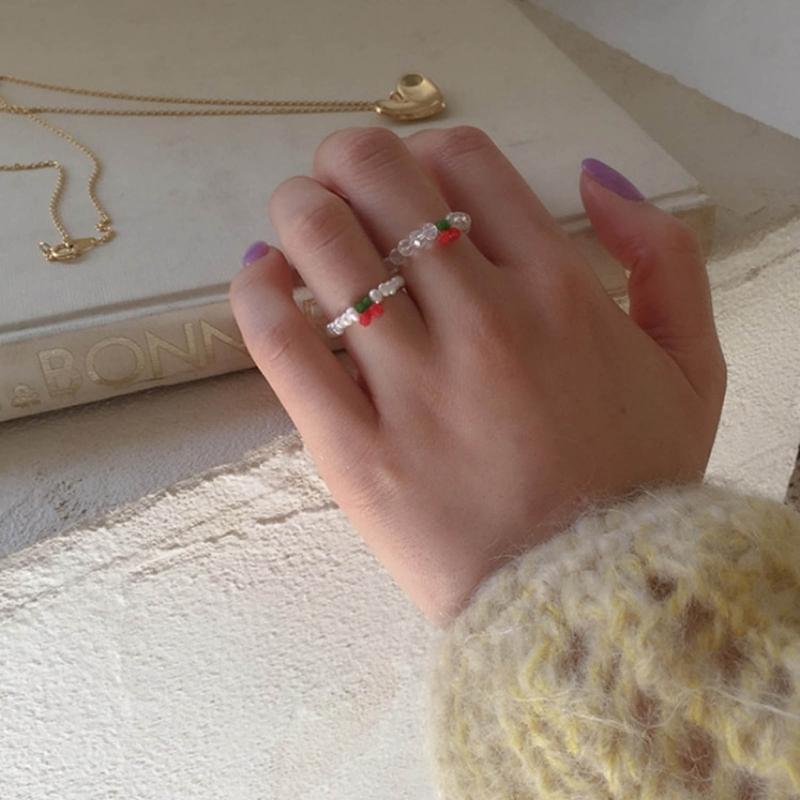 Red Cherry Rings Adjustable Size Beads String Rings Lightweight Elastic Rope Finger Rings Daily Wear Cherry Beaded Rings