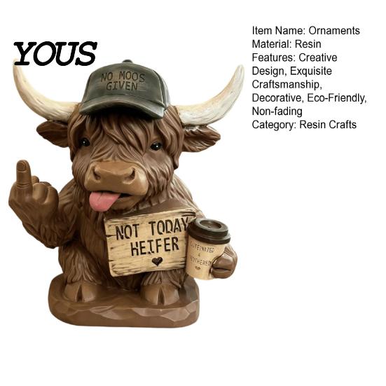 Resin Ornaments Highland Cow Desk Statue, Funny Middle Finger Figurine with Coffee Cup & Sassy Sign, Detailed Carvings Cute Farmhouse Desktop