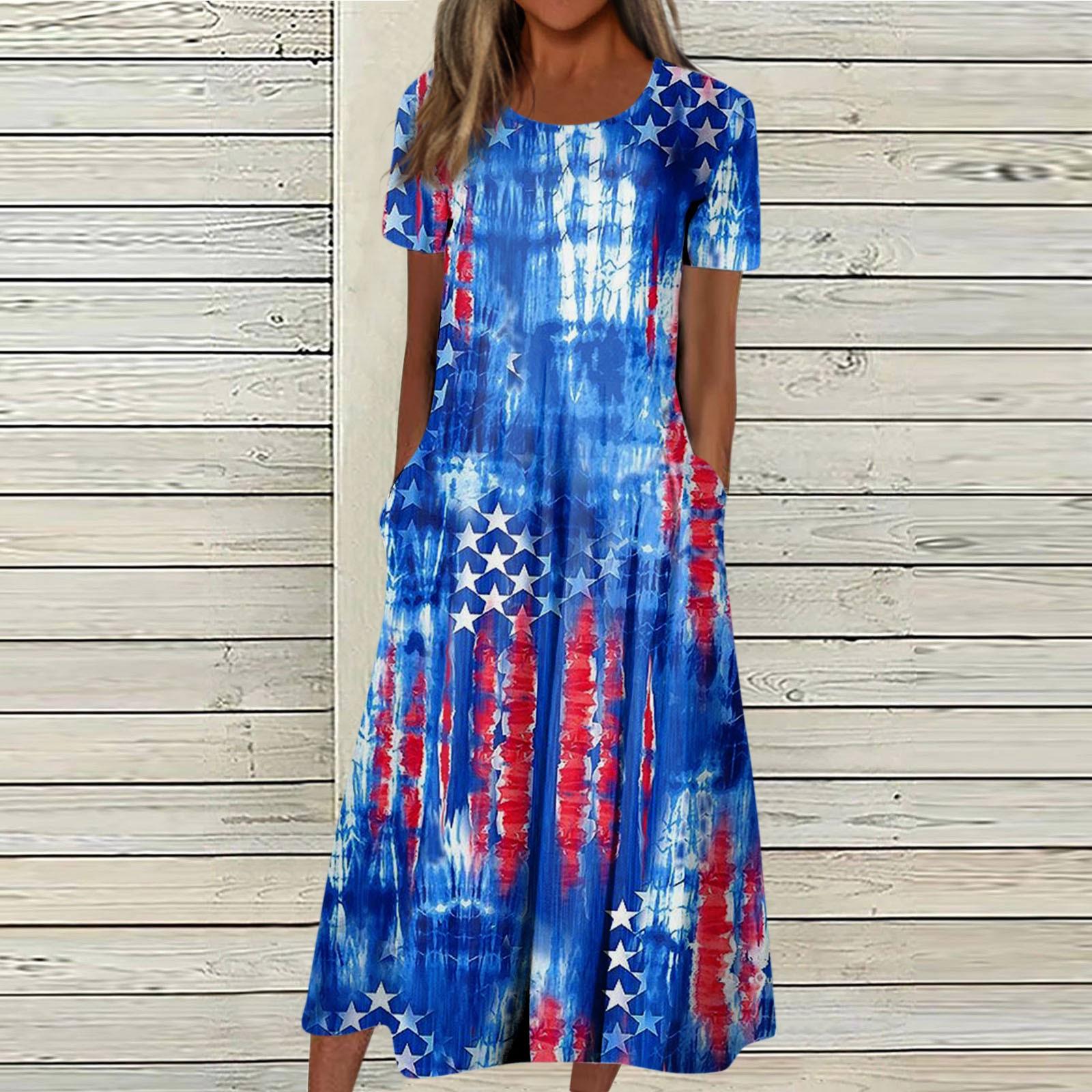 

Летнее платье для женщин, повседневное пляжное свободное платье с v-образным вырезом и короткими рукавами с принтом на День независимости XXXL