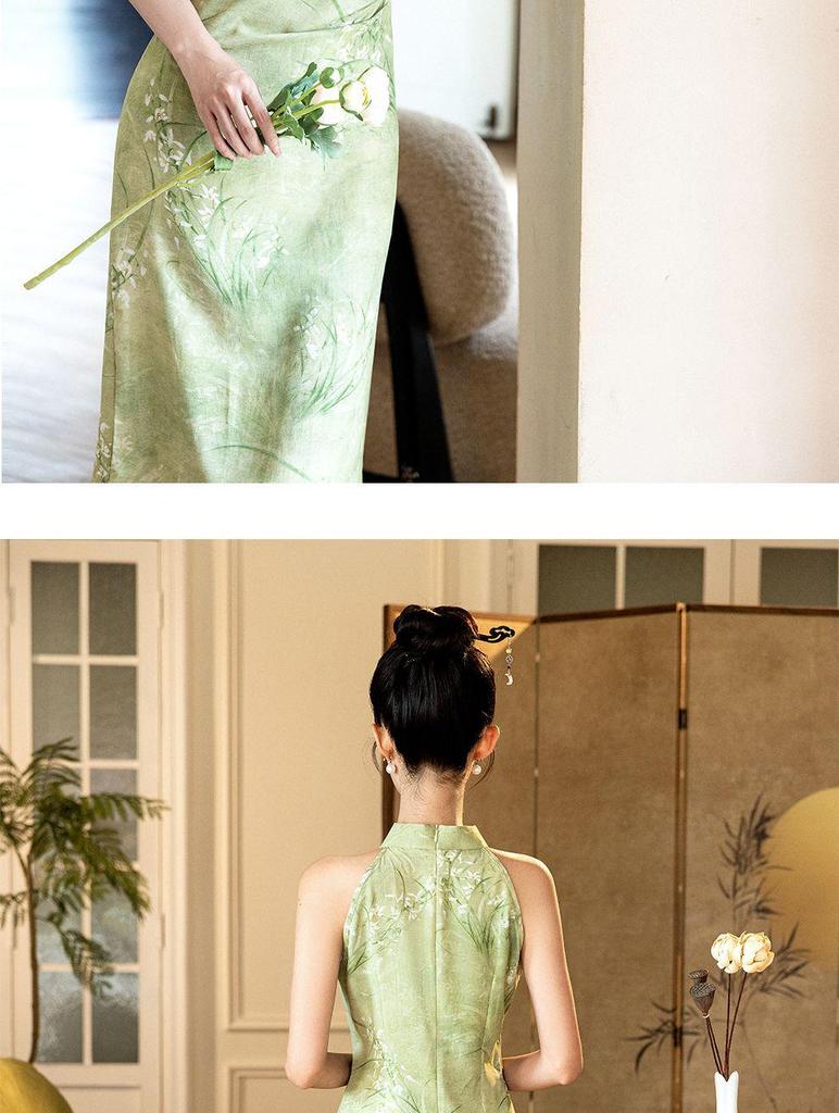 2026 Summer Green Sleeveless Cheongsam: Slimming Off-Shoulder, Waist-Cinching Halter Dress