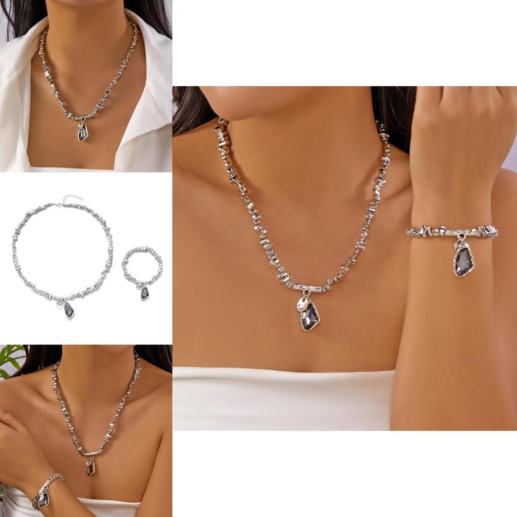 Unique Irregular Shape Alloy Pendant Choker And Wristlet Set With Line Detailing For Females
