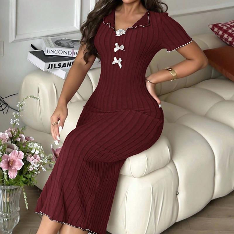 Sweet Bow Women's Mid-Length Nightdress - Early Autumn Pajamas and Home Wear Collection