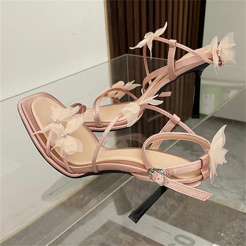 Summer Square Toe Thin High Heels Women Sandals Sexy Butterfly-knot Narrow Band Shoes Pole Dancing Sandalias Dress Pumps Women