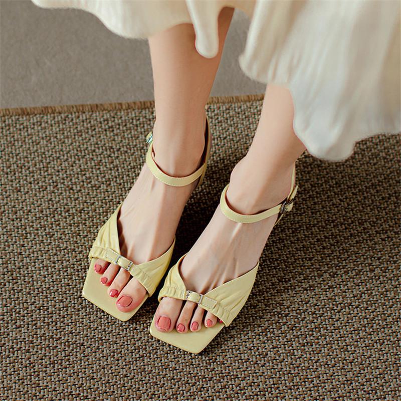 Fashion New Summer Sandals Sheep Leather Sandals for Women Fashion Buckle Square Toe Sandal Ladies Shoes Casual Shoes Women Sandals