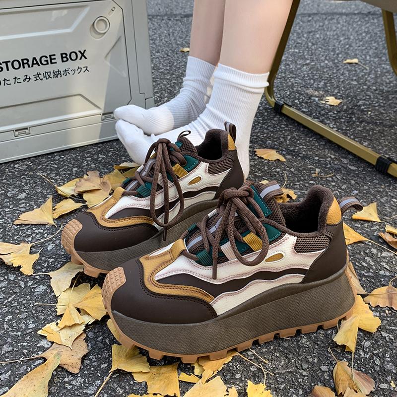Women's Casual Sports Shoes Autumn New Round Head Color Matching Before Tying Thick Sole Anti-slip Wear-resistant Single Shoes