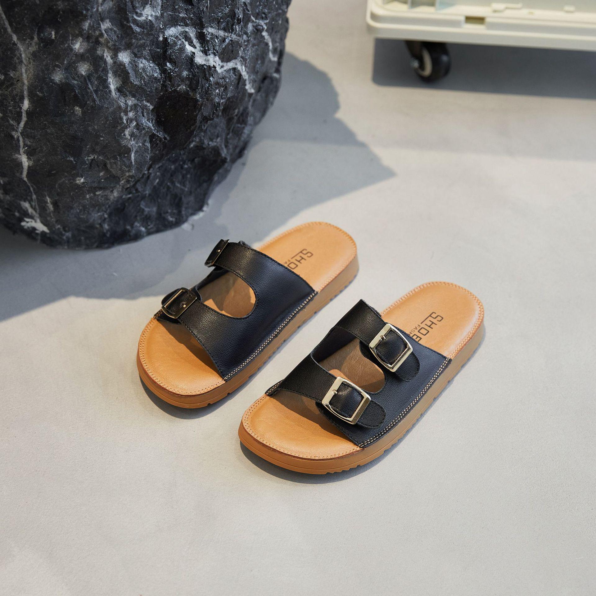 Women s 2025 Genuine Leather Double Buckle Summer Sandals with Wide Rubber Sole 40 чёрный