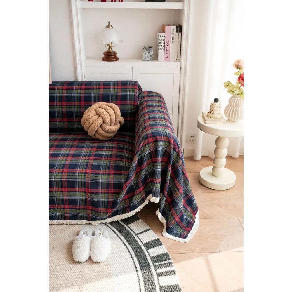 Tassel Christmas Sofa Cover, Universal Breathable Lightweight Farmhouse Bedcover for Pets Kids Couch Living Room Home Decoration