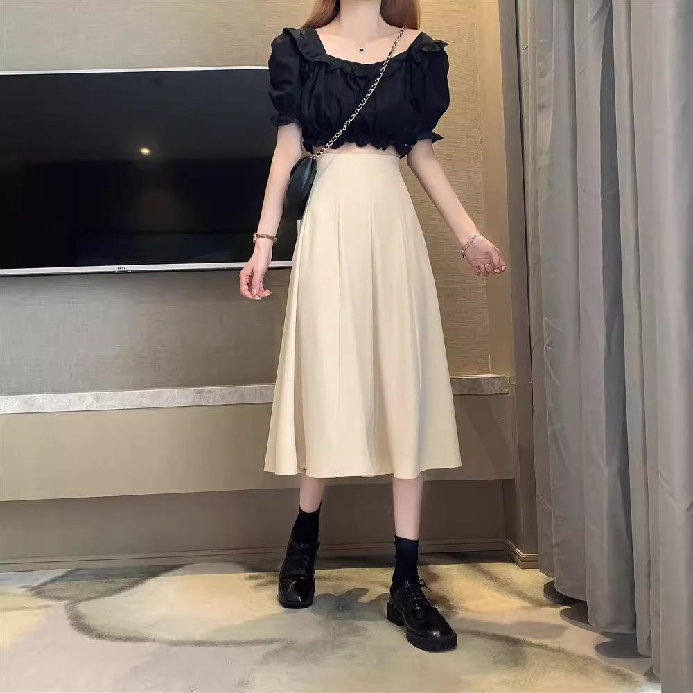 

Черная летняя плиссированная юбка А-силуэта с высокой талией - женская маленького размера, миди, дизайн зонтик M абрикосовый