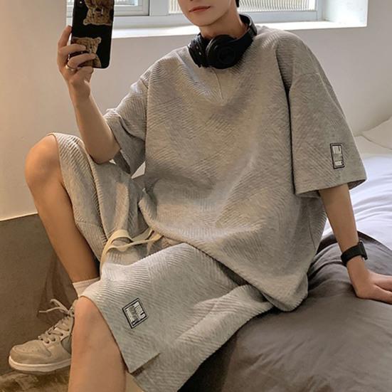 2Pcs/Set O-Neck Short Sleeve Waffle Texture Casual Outfit Pockets Drawstring Elastic Waistband Solid Color T-shirt Loose Shorts Sport Suit Streetwear
