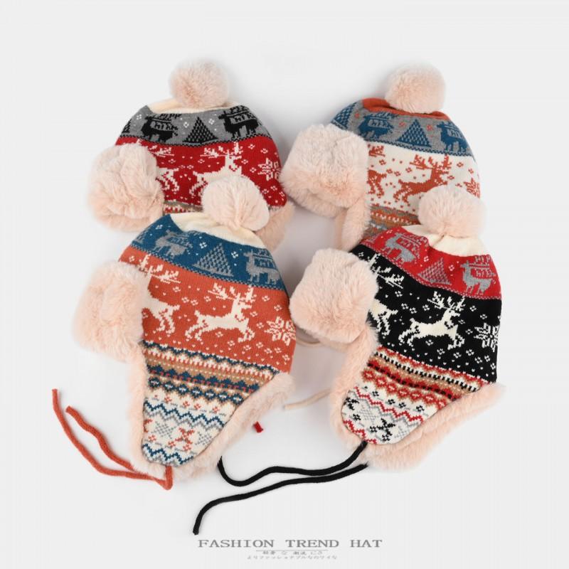 Knitted Winter Beanie Hat With Ear Protection Unisex Warm Fleece Lined Deer Motif Fair Isle Style