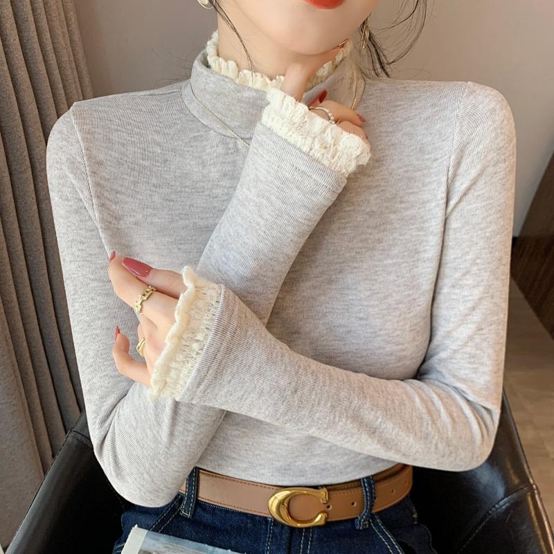 Lace semi-turtleneck bottoming shirt women's spring German velvet inner long-sleeved shirt thickened imitation cashmere versatile top