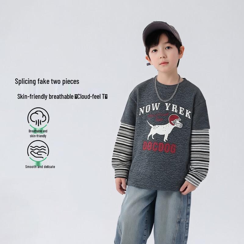 Yoyotale Boys  Faux Two-Piece Cotton Long Sleeve T-Shirt 170