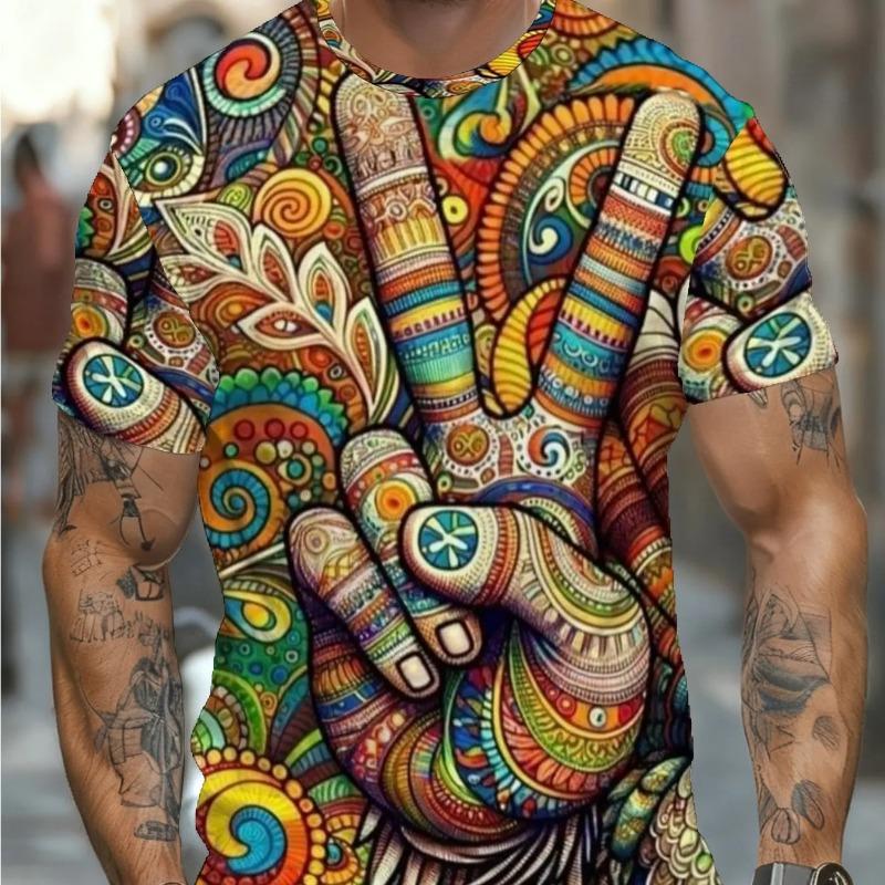 Men's Crew Neck Short Sleeve T Shirt 3D Colorful Paisley Peace Sign Hand Psychedelic Print Hippie Casual Tops