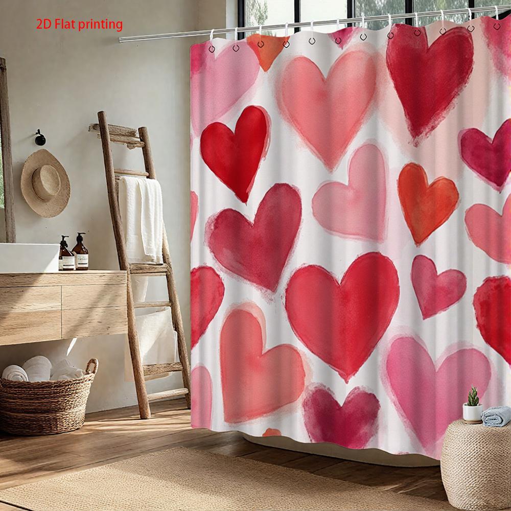 Watercolor Heart Shower Curtain Pink Red on  Waterproof Polyester Bath Curtain with Hooks for Valentine's Day Bathroom Decor
