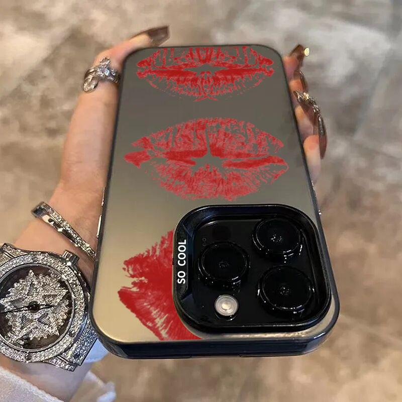 Red Lip Pattern Electroplate Silver IMD Phone Case For  Redmi Note 14 13 12 11 10 Pro Plus 5G 12S 11 Redmi 14C 12 4G Cover