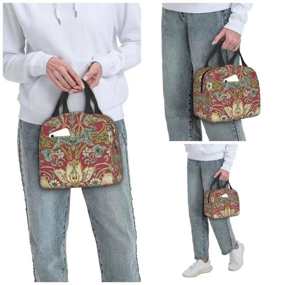 William Morris Strawberry Thief Rood Geïsoleerde Lunchtas voor Dames Kantoor Koeltas Thermische Voedseldoos Tote LekkendLunchboxenContainer