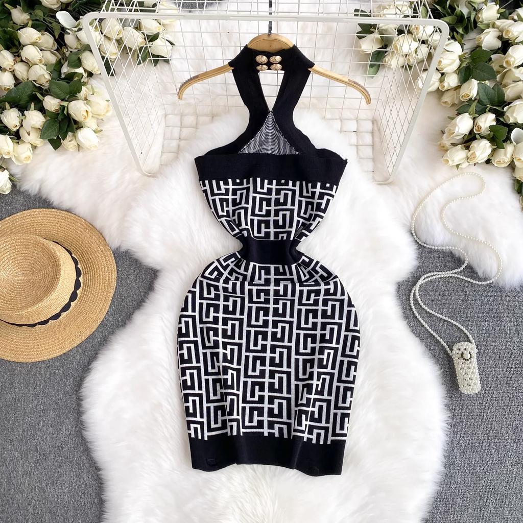 Sommer Frauen Marke Designer Sexy Halter Mini Kurze Strick Pullover Mantel Club Party Kleider