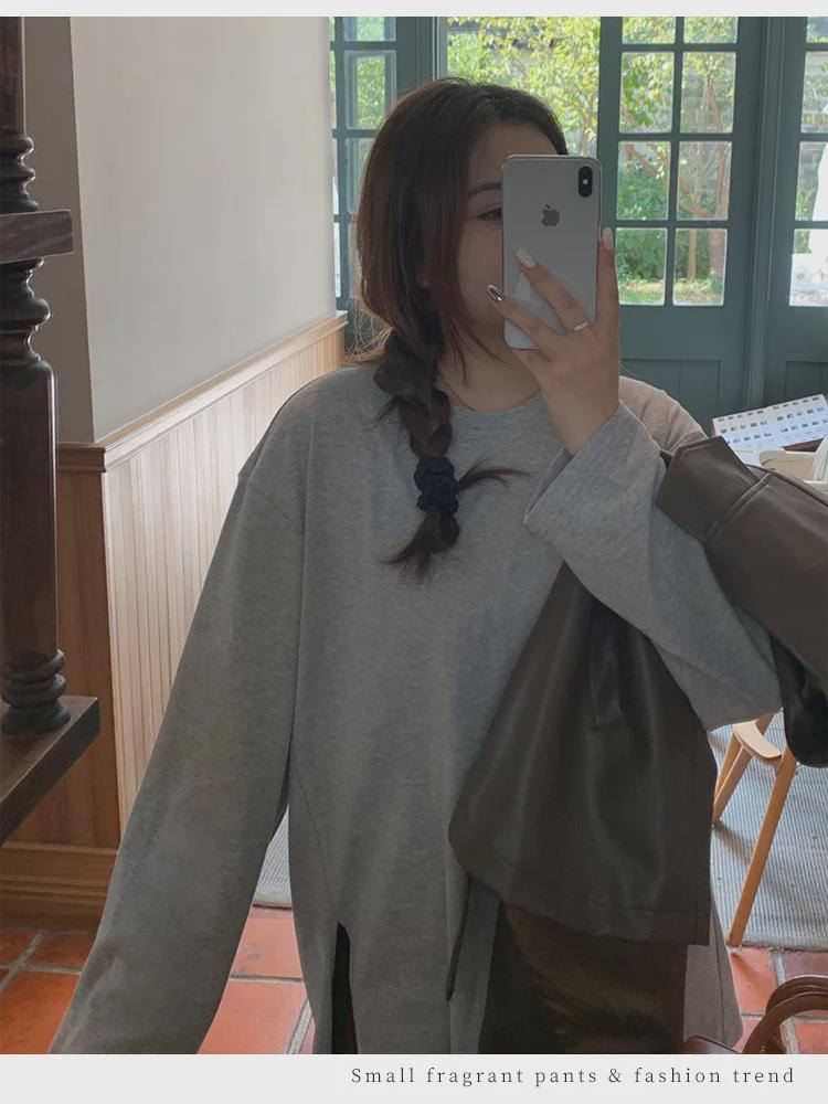 Women's Oversized White Long-Sleeve Cotton Split-Hem T-Shirt - Autumn Loose Fit