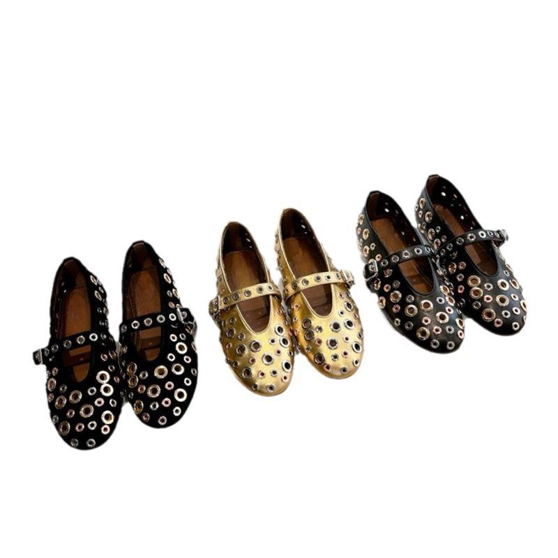 Metal Rivet Mary Jane Single Shoes Women's Spring and Summer Leather Round Head Flat Bottom One-word Belt Hollow Ballet Shoes