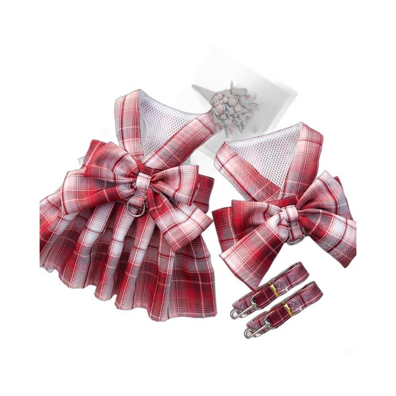 Pet JK plaid dog skirt chest strap leash walking dog cat vest clothes