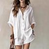 Women's Spring/Summer Solid Color Loose Breasted Shirt Shorts Fashion Casual Set Tracksuit Women Two Piece Set