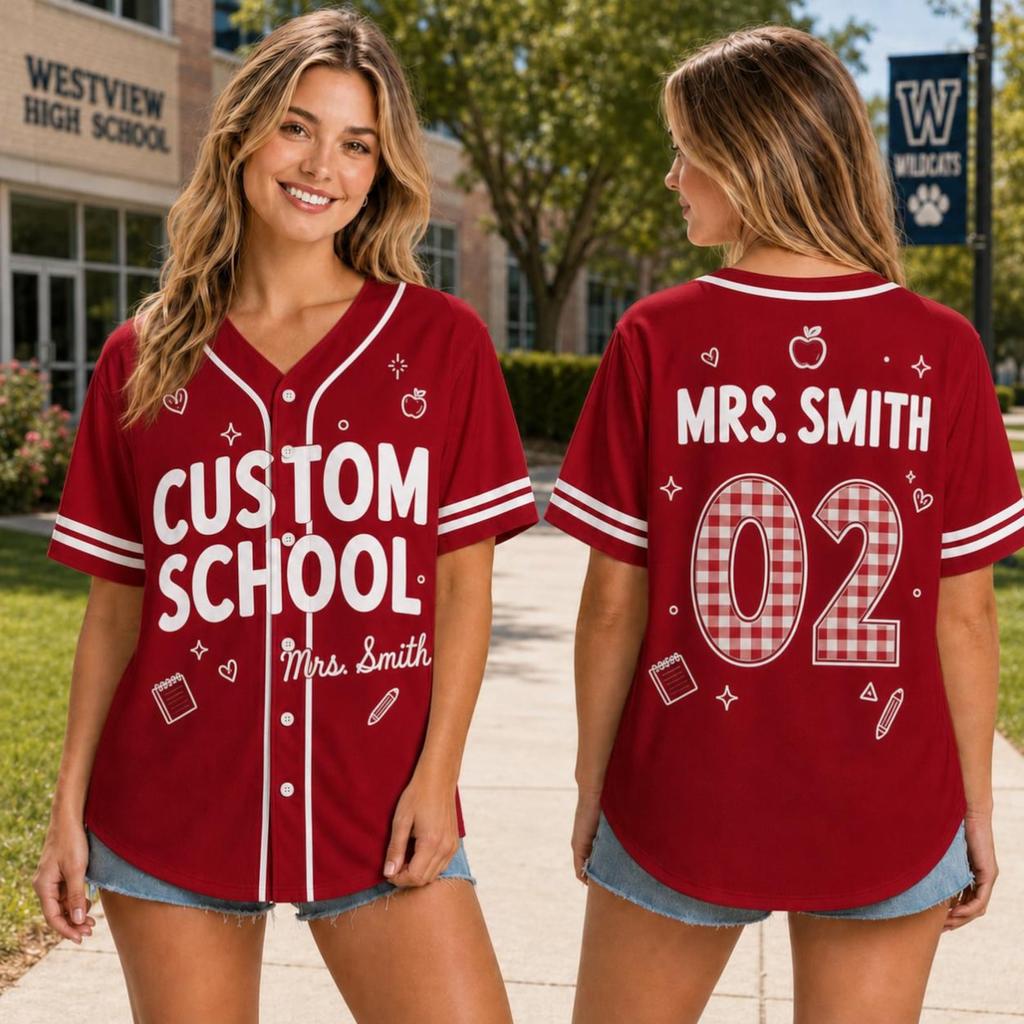 Personalized Teacher Baseball Jersey, Custom School Name & Teacher Name Shirt, Pink Back to School Team Gift, Cute Jersey Tee