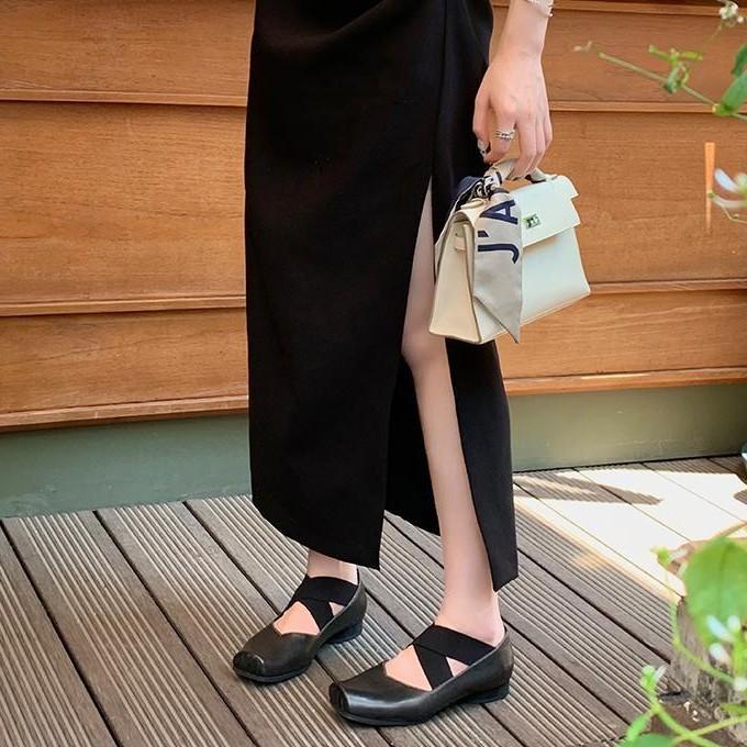 Cowhide Version~ British Style Square Head Leather Ballet Single Shoes Women's Cross Strap Thick Heel Mary Jane Small Leather Shoes Ladyshoes