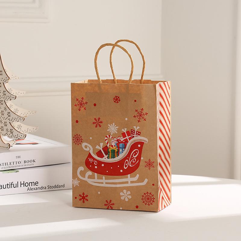 Christmas Kraft Paper Gift Bags with Snowflake and Reindeer Designs - Holiday Shopping and Clothing Packaging Tote Bags