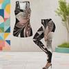 Women Plus Size Two Piece Set Scoop Neck Sleeveless Printed Tank Top Fitted Black Gold Leggings
