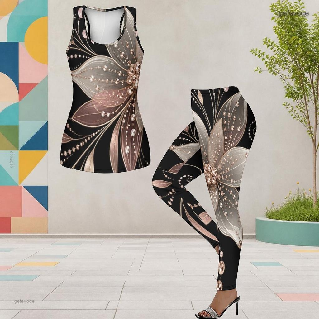 Women Plus Size Two Piece Set Scoop Neck Sleeveless Printed Tank Top Fitted Black Gold Leggings