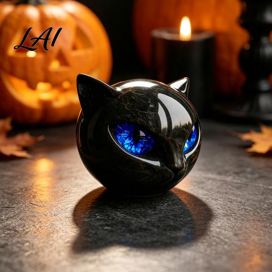 Retro Dark Home Accents Spherical Black Cat Head Ornament Resin Gothic Style Sculpture with Colorful Spooky Shelf Decoration Eyes for Halloween