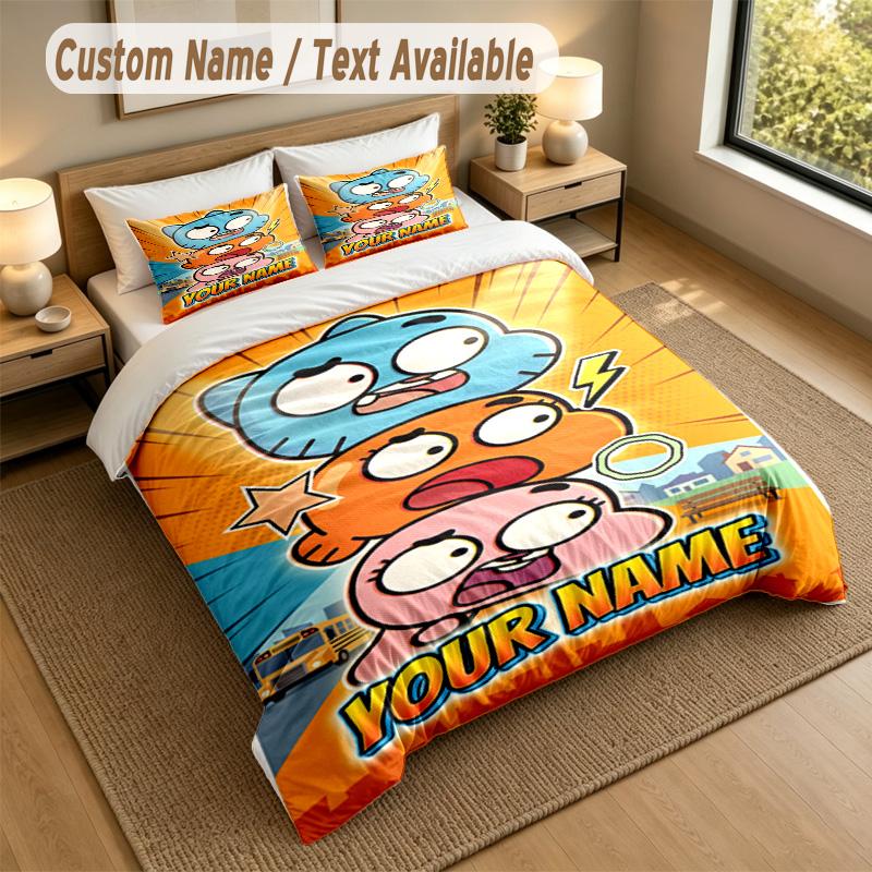 Set Biancheria da Letto 3 Pezzi con Nome Personalizzato, Incredibile Mondo di Gumball 1 Copripiumino 2 Federe Morbide Biancheria da Letto per Regalo