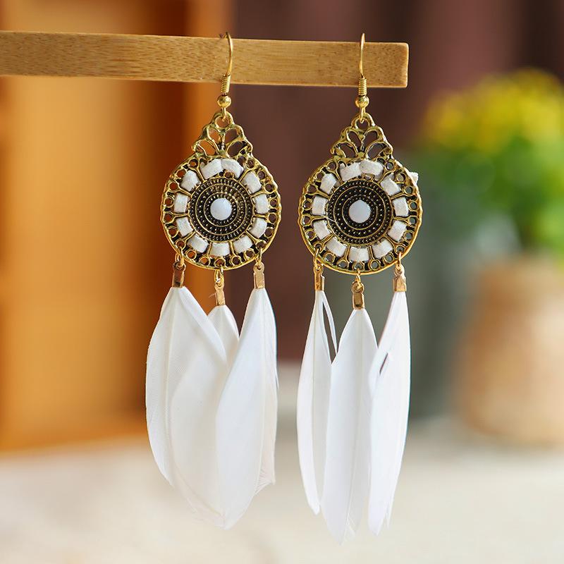 Bohemian Vintage Long Round Winding Feather Earrings for Women Ethnic Simple Elegant Dangle Earring Female Vacation Jewelry