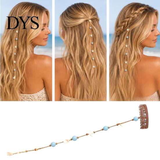 Summer Vacation Hair Jewelry Beach Mermaid Clip, Starfish Shell Bead Chain for Women, Gift Seaside Lovers Boho Coastal Styling Tool Wedding