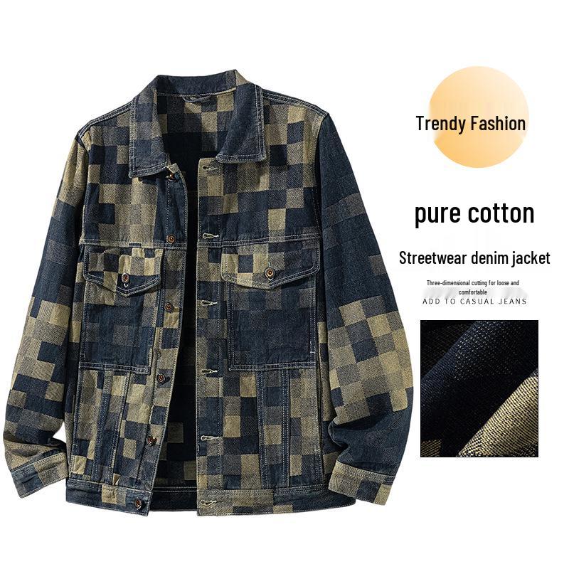 2025 Men's Retro Plaid Denim Jacket - Autumn/Winter Collection: Casual Loose-Fit Workwear Top