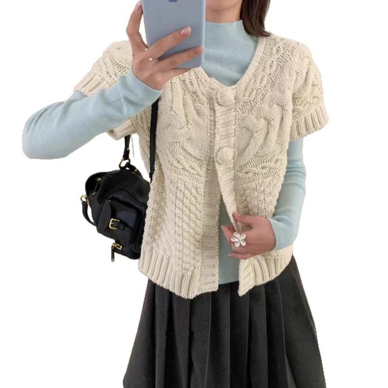 Womens Knit Cardigan Vest With Cable Round Neck Single Row Buttons Lightweight Layering Top