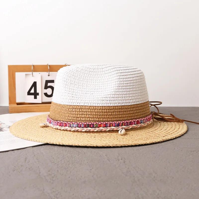 New Summer Beach Raffia Spliced Ethnic Style Woven Tape Sunshade Straw Hat Womens Wide Brim Jazz Holiday Uv Protection Sun Hats