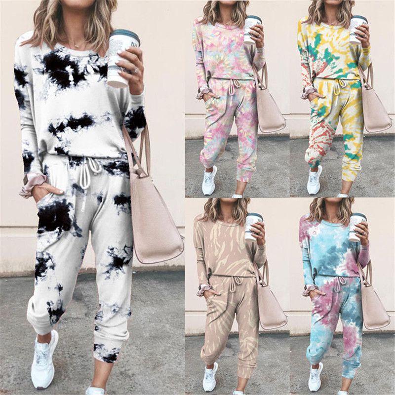 

Morning Exercise Running Sports Two-Piece Suit Female Fall and Winter New Arrival Amazon Fashion Gradient Tie-Dye Print Casual Long Sleeves Pink L