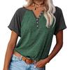 Loose Women's Short Sleeve V-Neck Color Block Casual T-shirt Button Decor Top