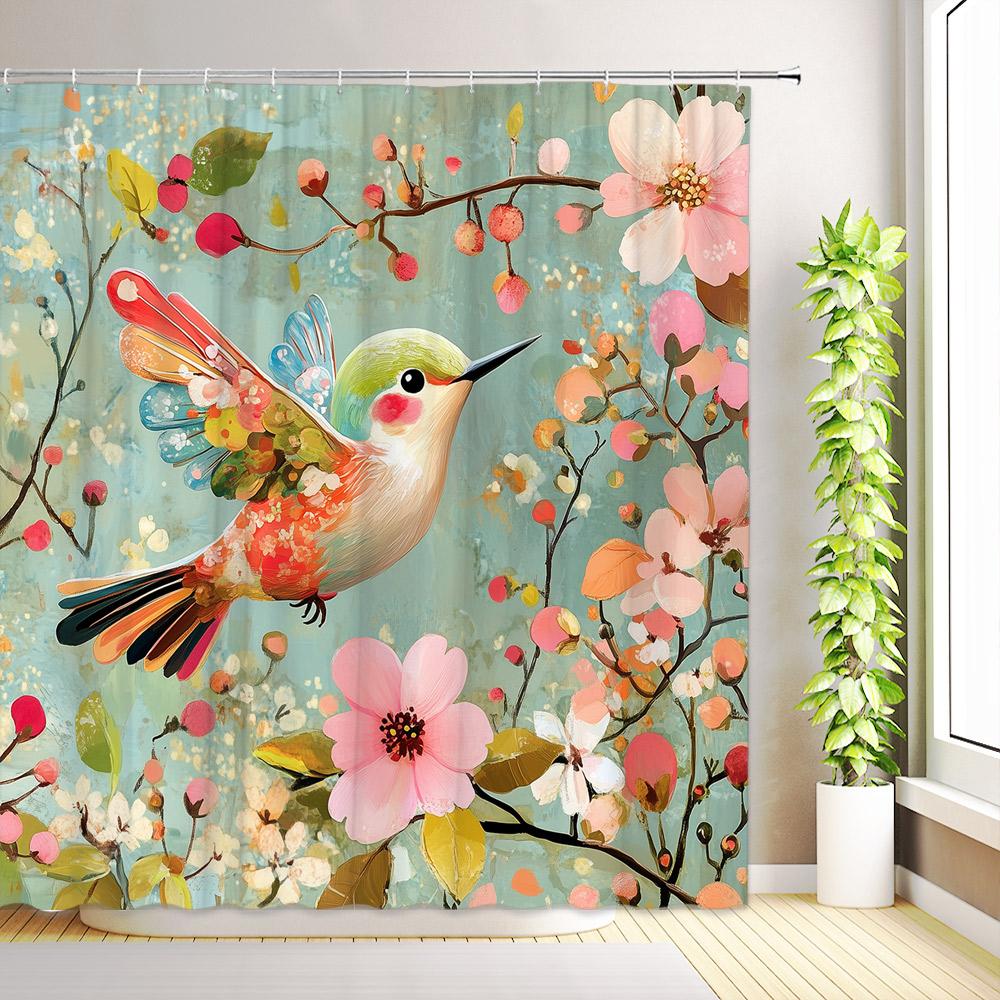 Asian Style Floral Shower Curtain Birds Tree Branch Flowers Plant Leaves Butterfly Bathroom Decor Fabric Bath Curtain with Hooks