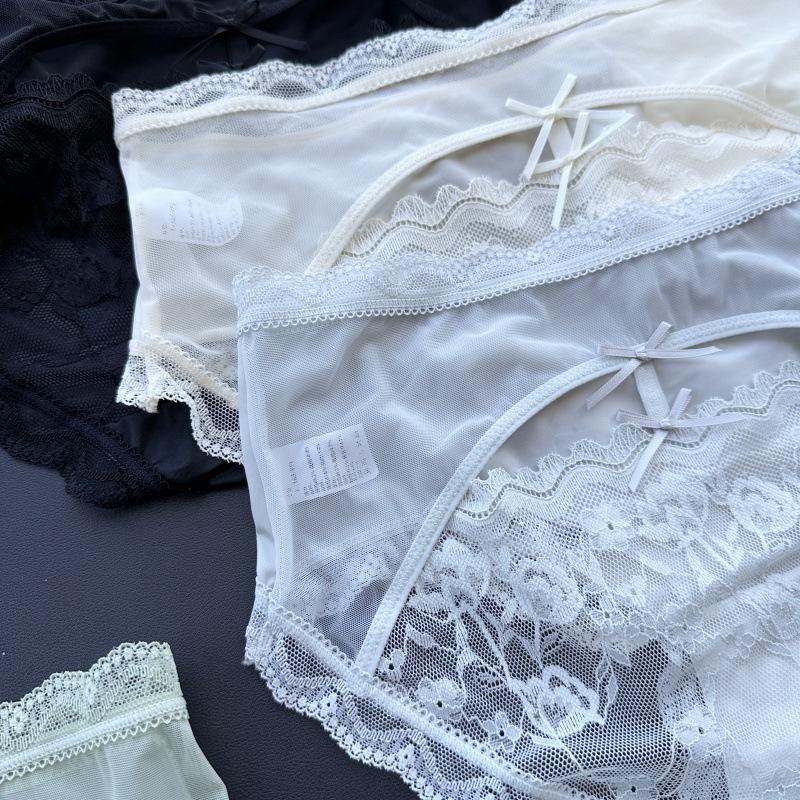 Ladies Spring Summer Sexy After Hollowed-out Ice Silk Gauze Lace Mid-waist Panties