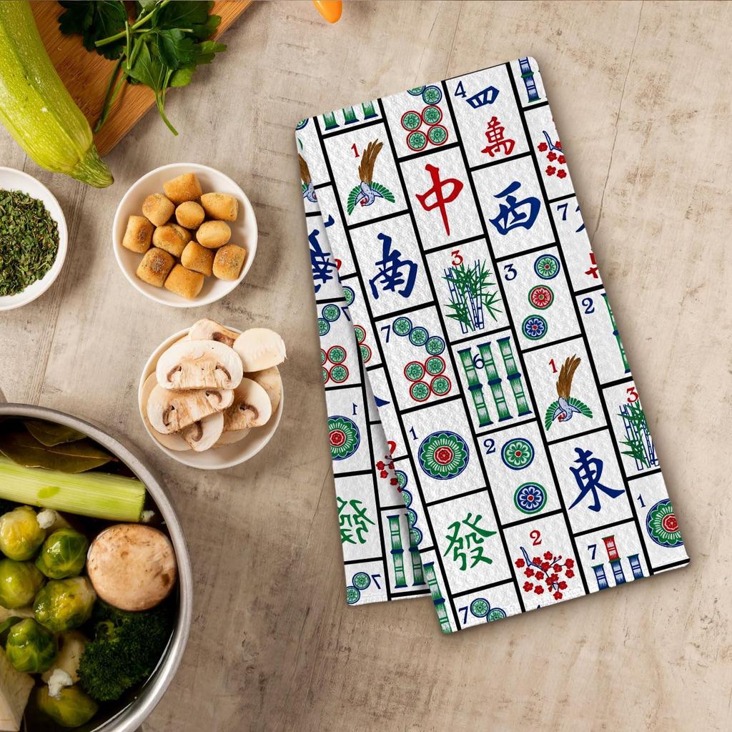 Mahjong Gifts for Women, Mah Jong Themed Decorative Kitchen Dish Towels, Mahjong Accessories and Gifts Ideas for Mah Jong Lovers, 16x24 Inch