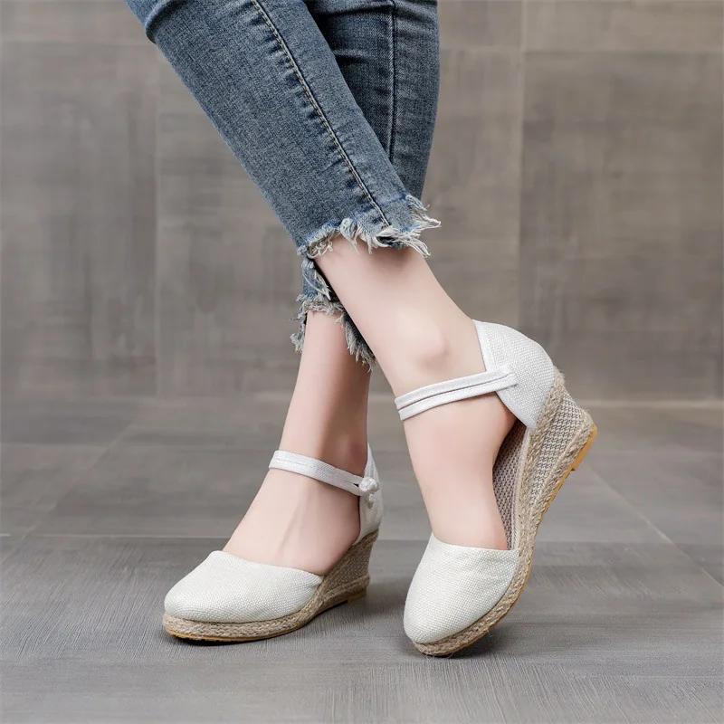 Women's Wedge Ankle Strap Sandals Spring, Summer Boho Style Solid Color Wedge Platform Sandals Woven Walking Shoes for Footwear