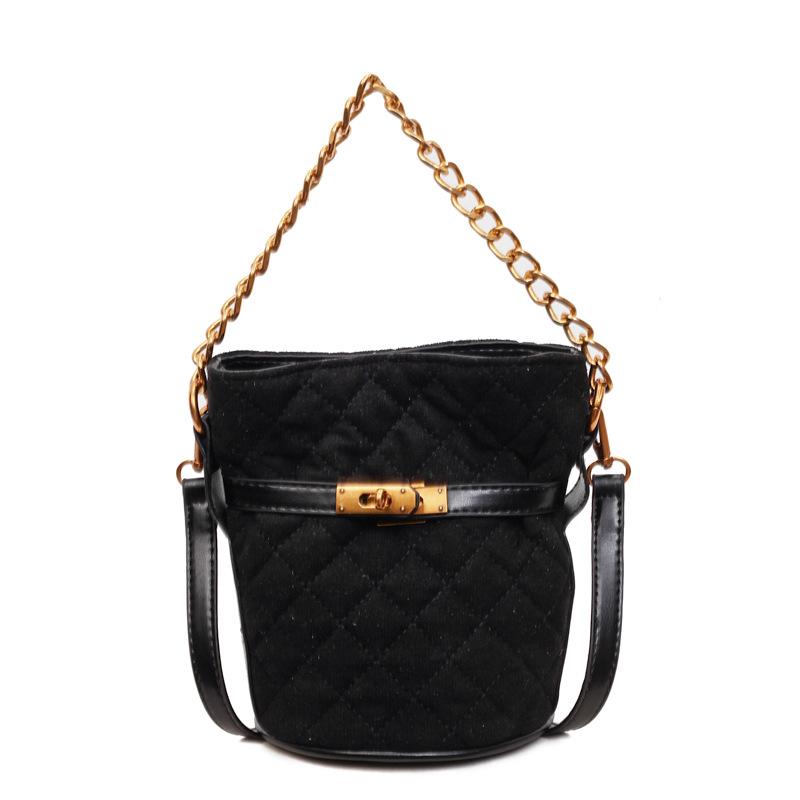Ladies' Crossbody Bag with Leather Velvet, Diamond Grid Embroidery Thread, Chain Decoration, Small Bucket Bag, Versatile Single Shoulder Crossbody Bag