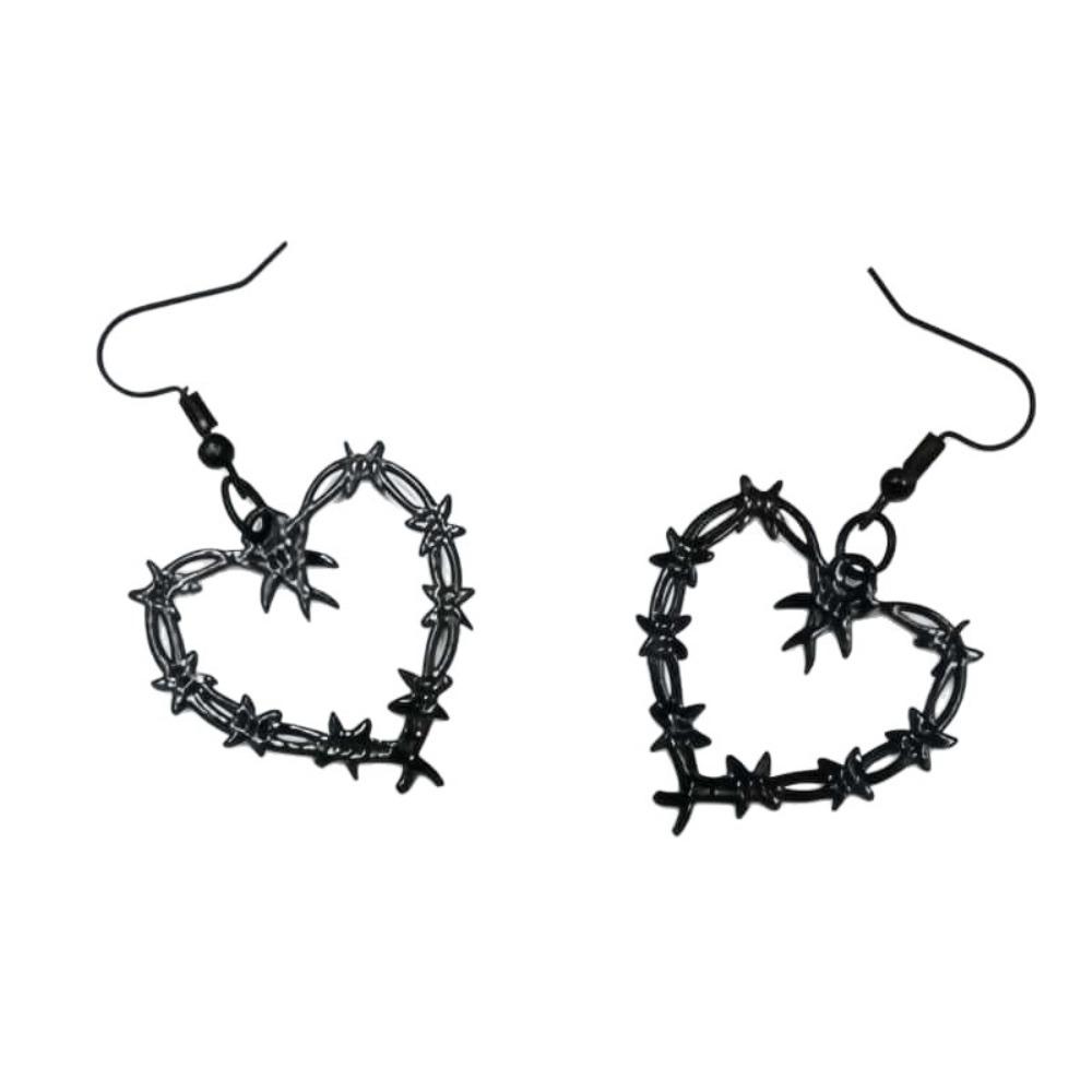 Gothic Punk Black Double-layered Barbed Wire Woven Heart Shape Pendant Dangle Earrings for Men Women Halloween Fashion Jewelry