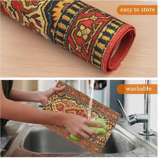 comfoyar Boho Vintage Red Placemats Set of 4, 12x18Inch Non-Slip Linen Bohemia Flower Place Mats, Washable Absorbent Rustic Country Style Table Mats