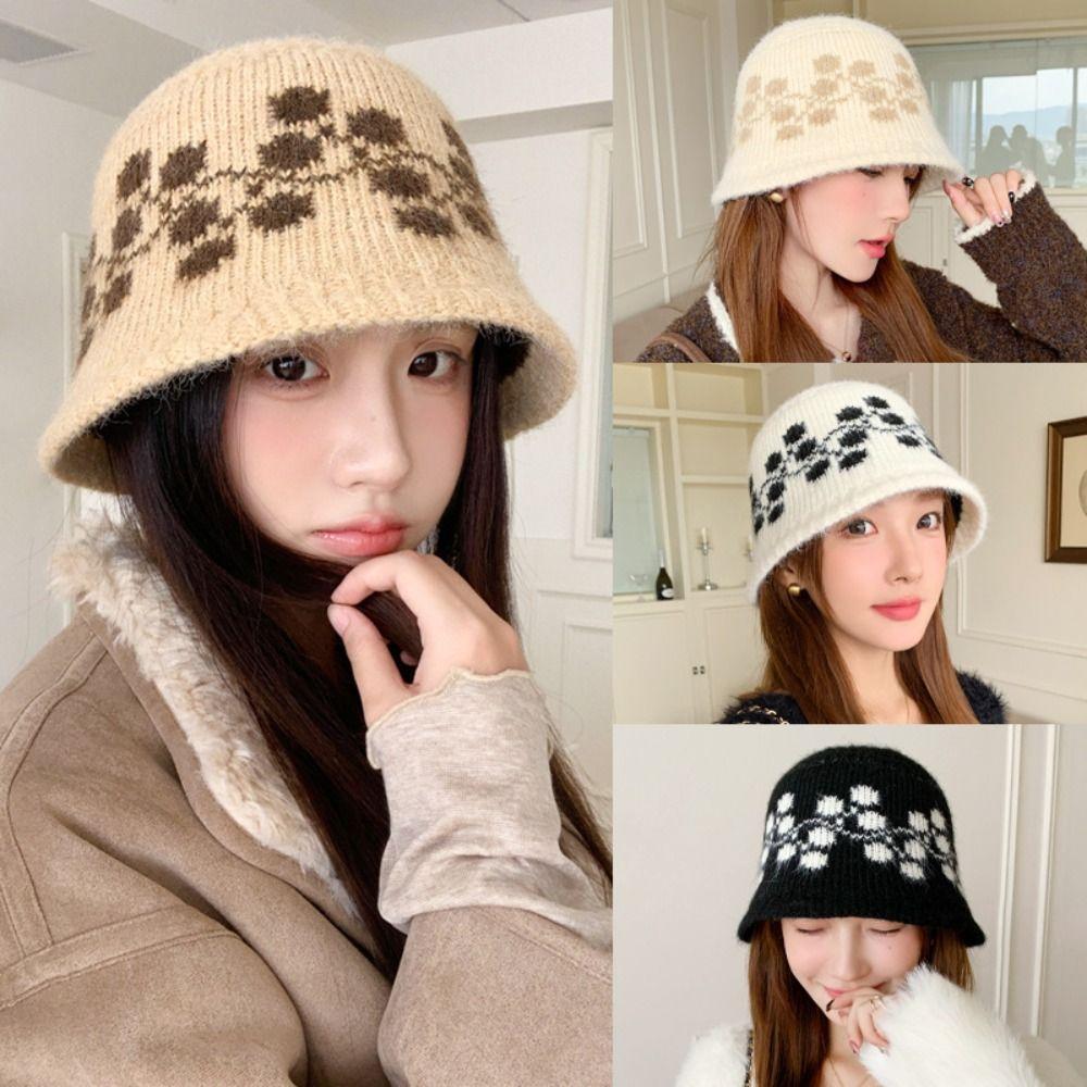 Sweet Floral Knitted Bucket Hat Retro Warm Fisherman Hat Jacquard Woolen Hat Autumn and Winter