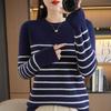 Women's Designer Striped Wool Knit Sweater - Contrasting Colors, Round Neck