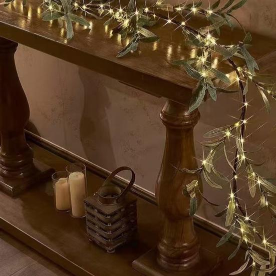 Lighted Artificial Olive Garland 6FT Fairy Light Faux Greenery Olive Vine Pre-lit Olive Garland for Spring Christmas Holiday Fireplace Decor