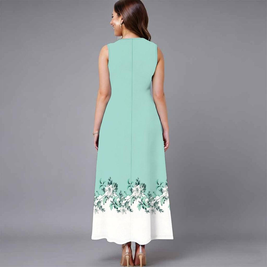 Women Plus Size Sleeveless Round Neck Dress Retro Floral Pattern Loose Flowy Midi Gown